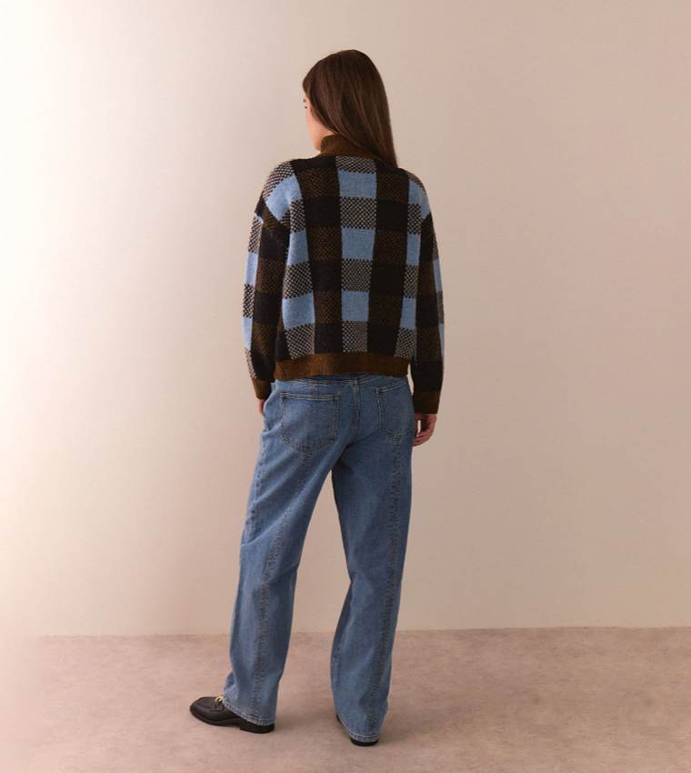 Check High Neck Knitted Sweater