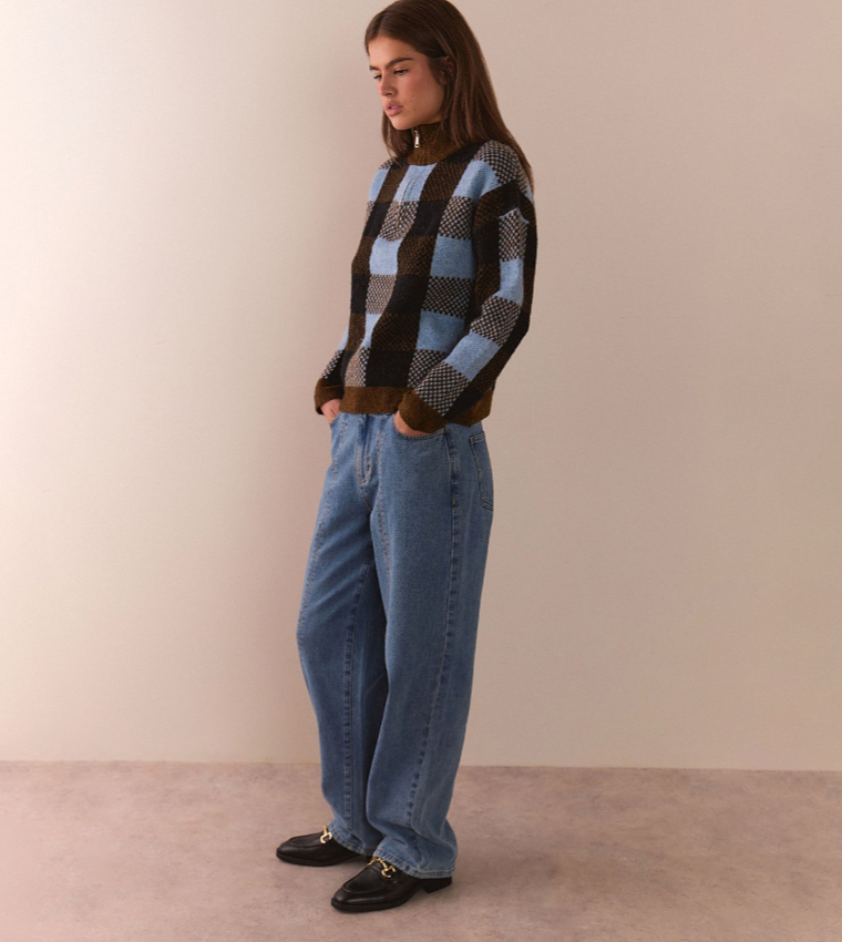 Check High Neck Knitted Sweater