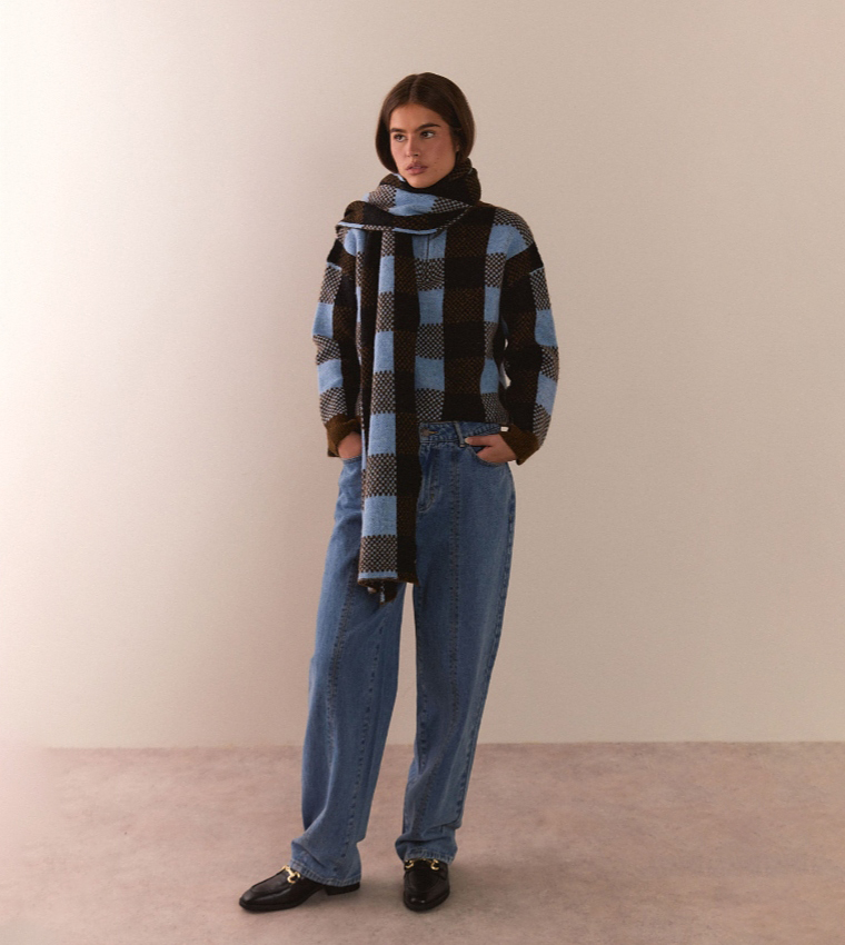 Check High Neck Knitted Sweater