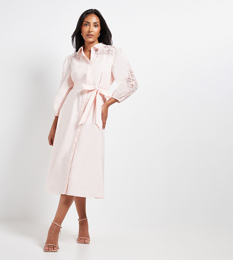 Petite Cutwork Detail Midi Shirt Dress