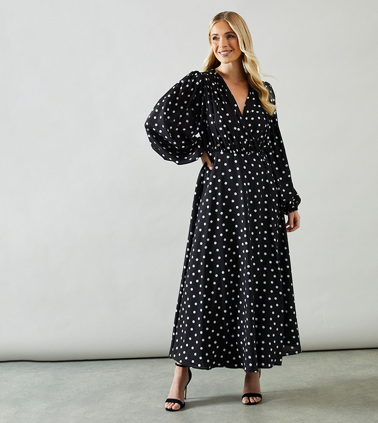 Petite Polka Dots Print Wrap Chiffon Midaxi Dress
