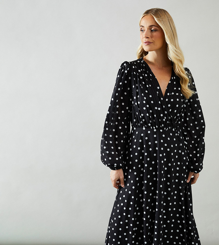 Petite Polka Dots Print Wrap Chiffon Midaxi Dress
