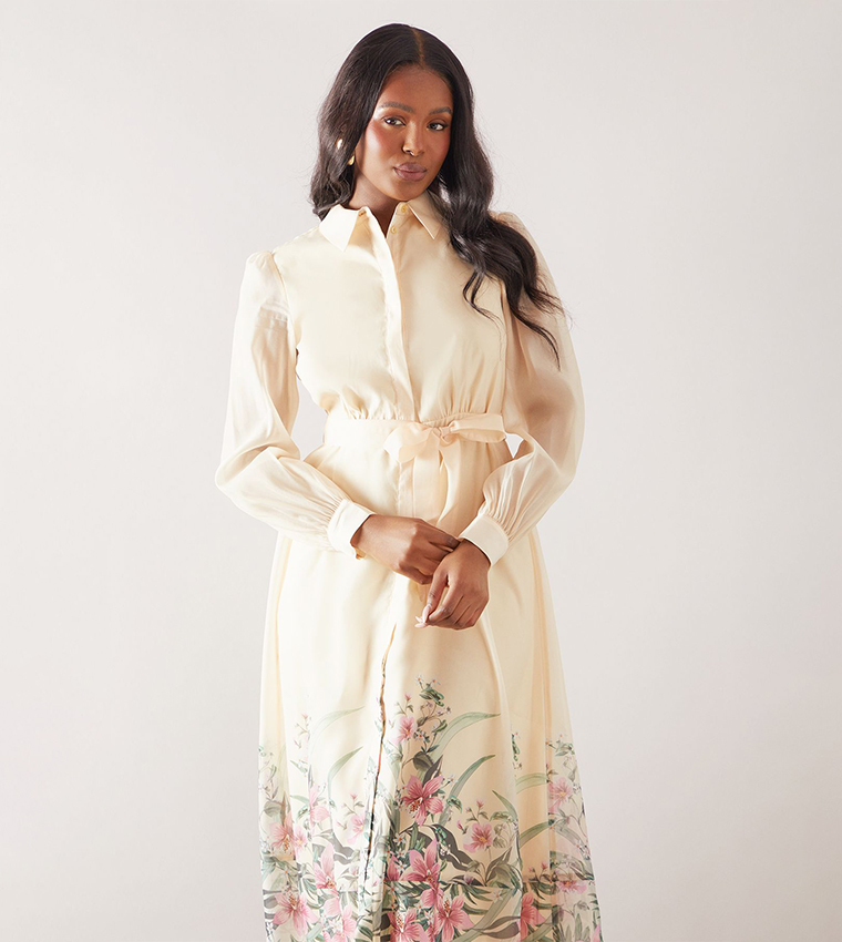Floral Printed Organza Belted Shirt Dress