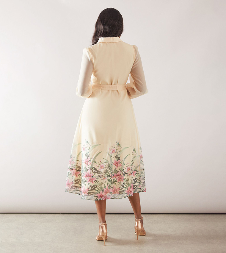 Floral Printed Organza Belted Shirt Dress