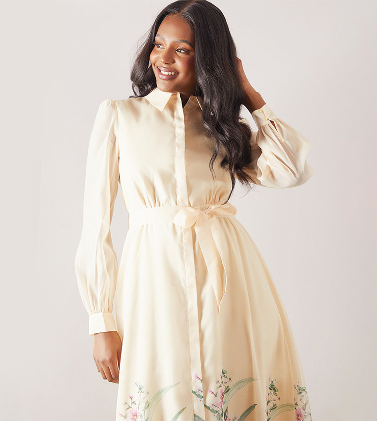 Floral Printed Organza Belted Shirt Dress