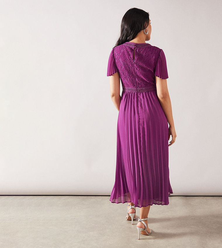 Petite Lace Pleated Sleeves Midi Dress