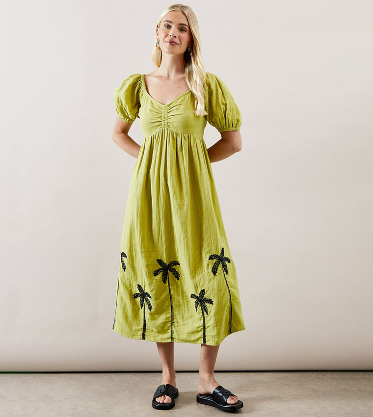Petite Palm Embroidered Textured Midi Dress