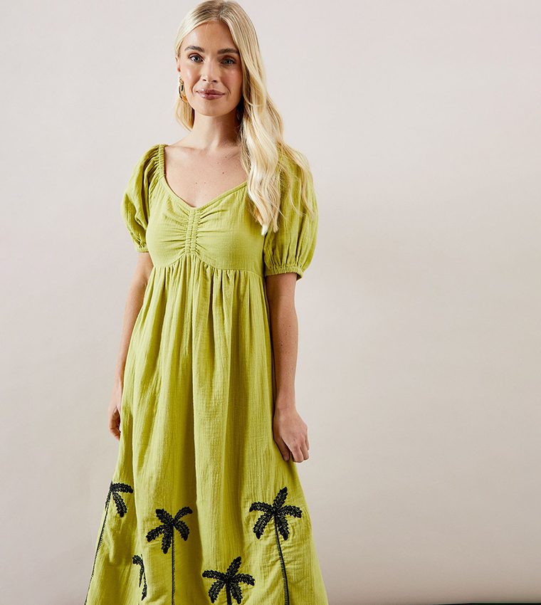 Petite Palm Embroidered Textured Midi Dress
