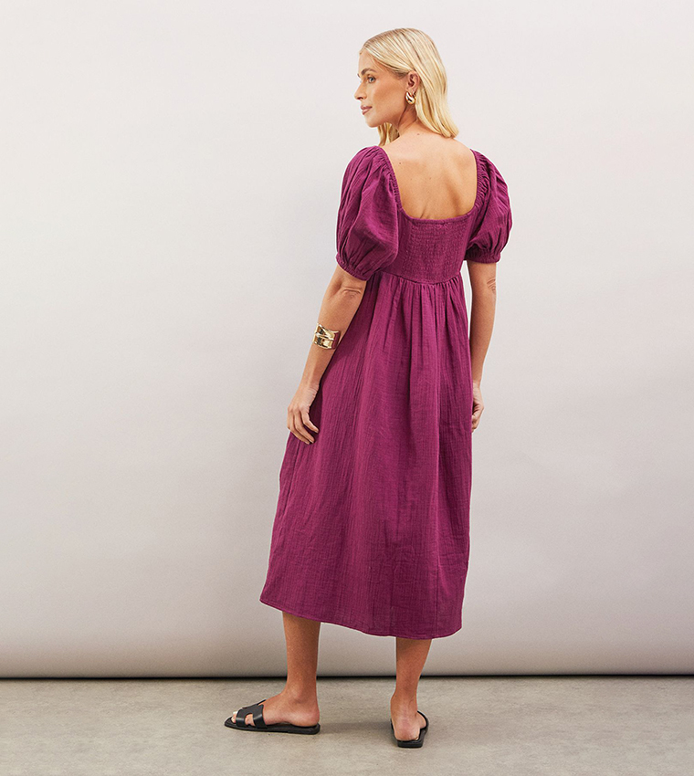 فستان ميدي مطرز بأكمام باف للمقاسات الصغيرة