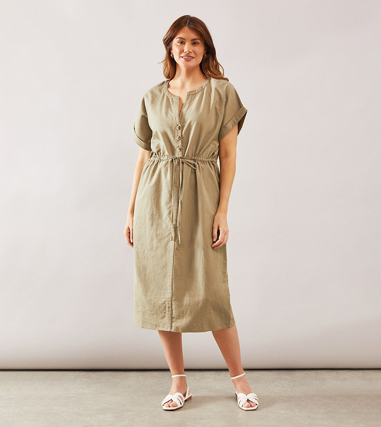 Button Detail Drawstring Sleeves Midi Dress