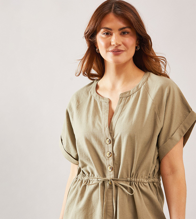 Button Detail Drawstring Sleeves Midi Dress