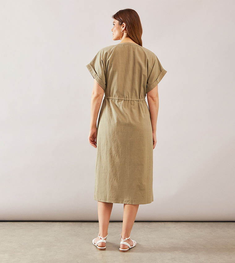 Button Detail Drawstring Sleeves Midi Dress