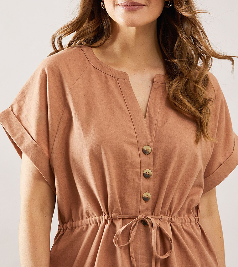 Linen Mix Button Drawstring Midi Dress