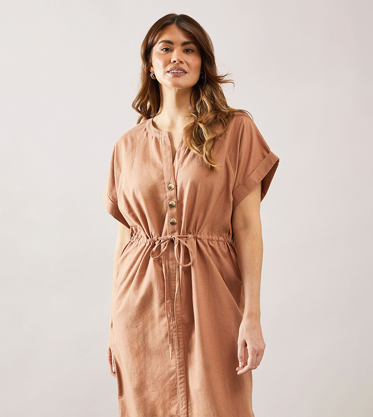 Linen Mix Button Drawstring Midi Dress