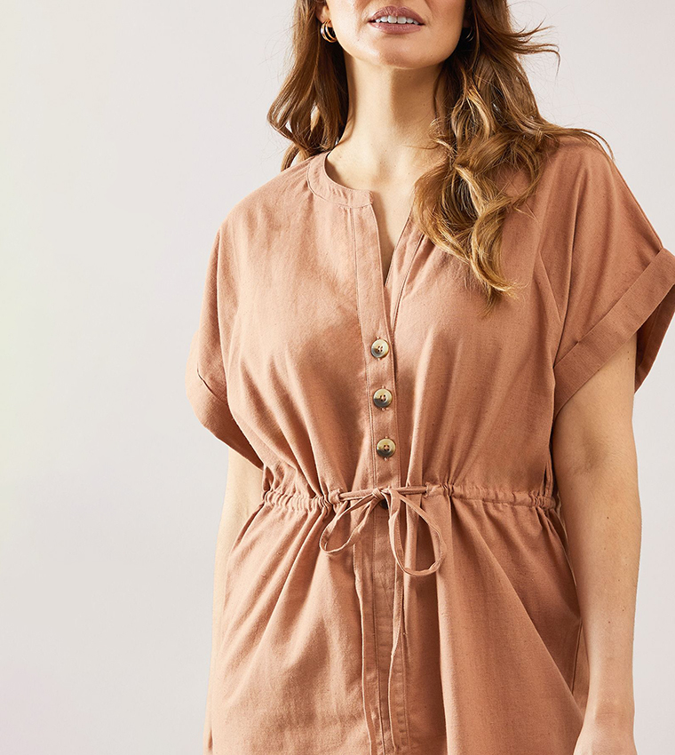 Linen Mix Button Drawstring Midi Dress