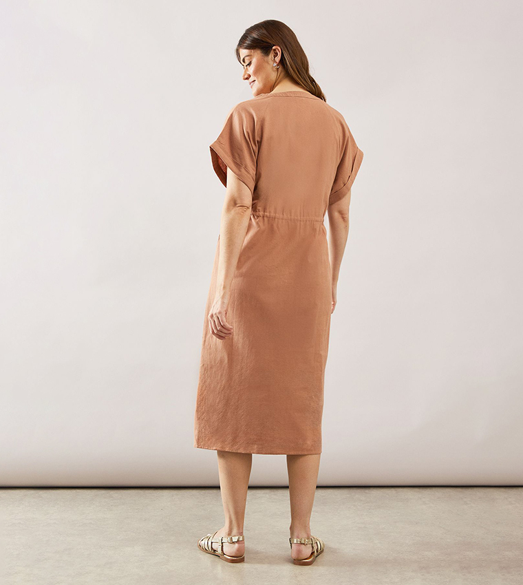Linen Mix Button Drawstring Midi Dress