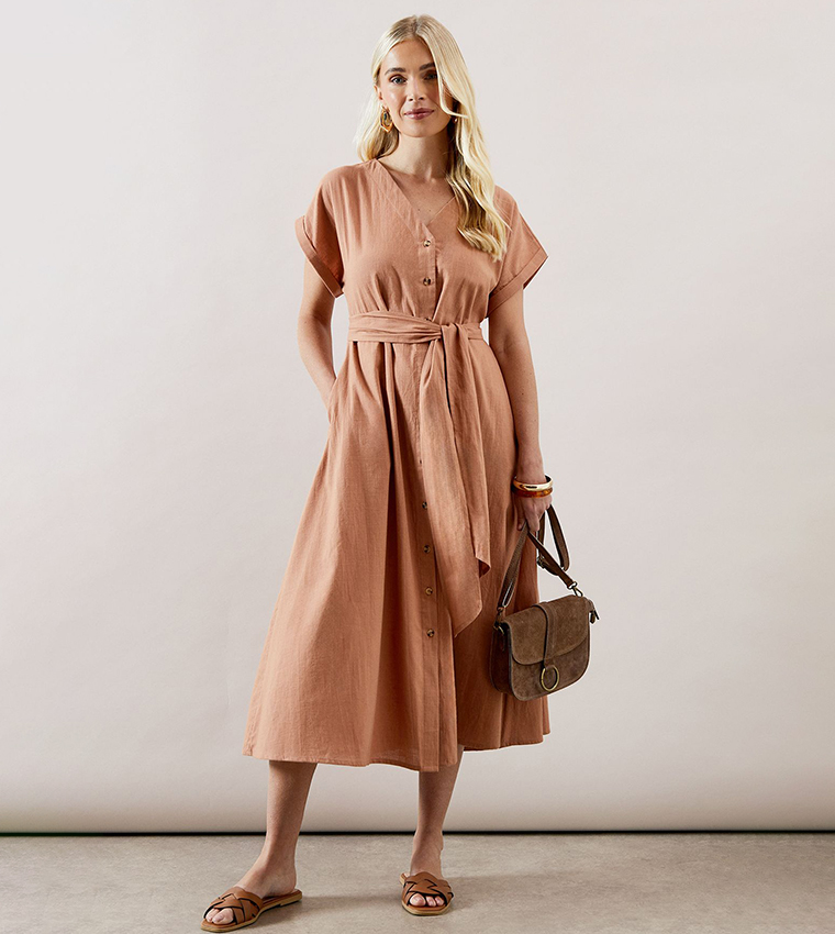 فستان ميدي لينن بأزرار للمقاسات الصغيرة 