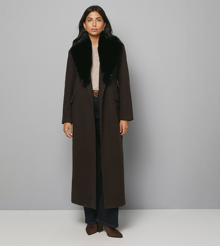 Buy Wallis Faux Fur Collar Tie Belted Coat In Brown | 6thstreet UAE