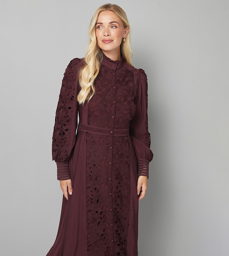 burgundy shirt dresses Burgundy Printed Brooklyn Midi Shirt Dress