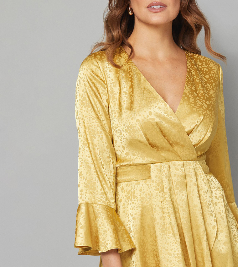 Buy Wallis Jacquard Wrap Ruffled Midi Dress In Yellow | 6thStreet UAE
