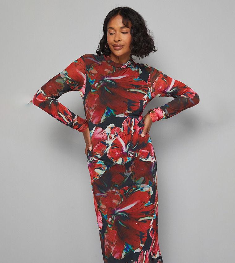 Floral Printed Mesh High Neck Midi Dress