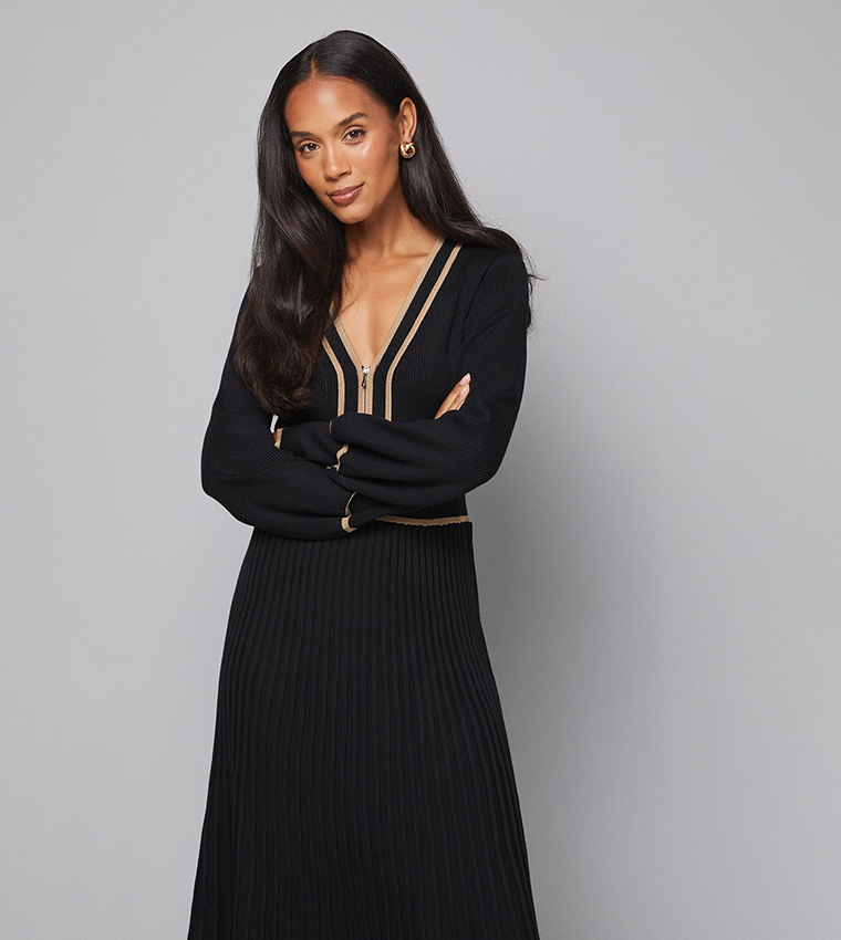Zip Front Pleated Knitted Midi Dress