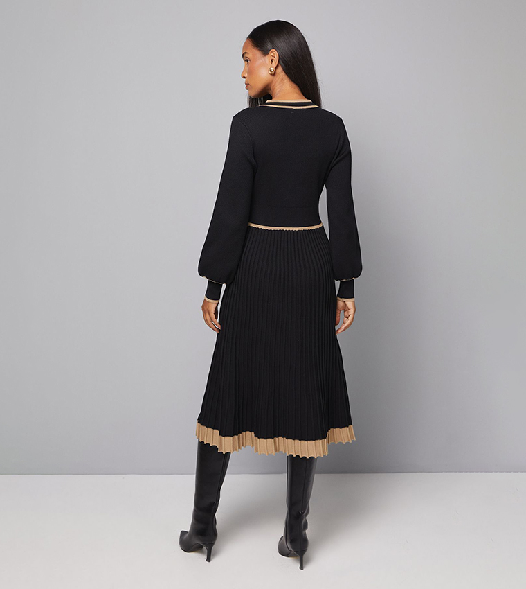 Zip Front Pleated Knitted Midi Dress