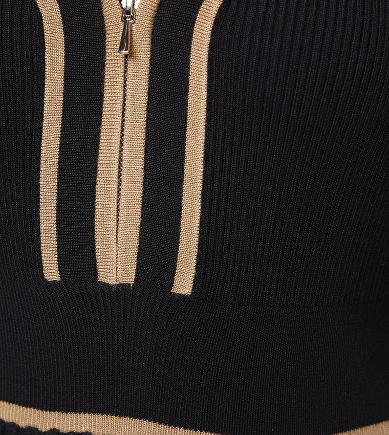 Zip Front Pleated Knitted Midi Dress