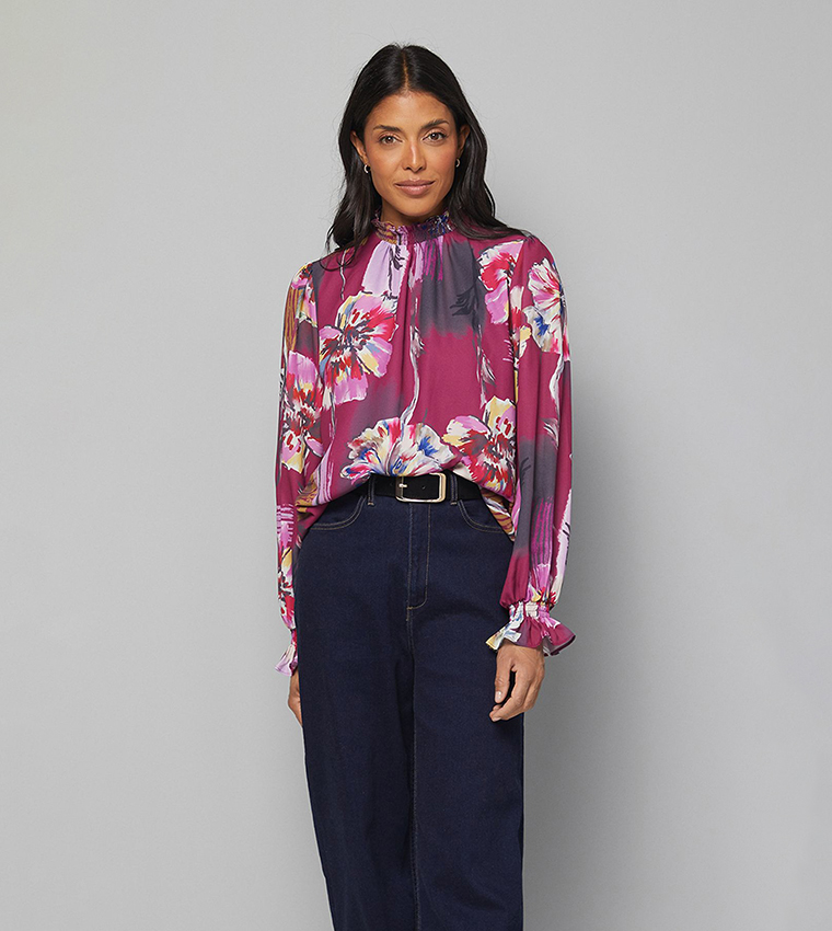 Abstract Printed Shirred Neck Top