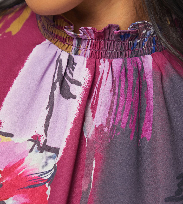 Abstract Printed Shirred Neck Top