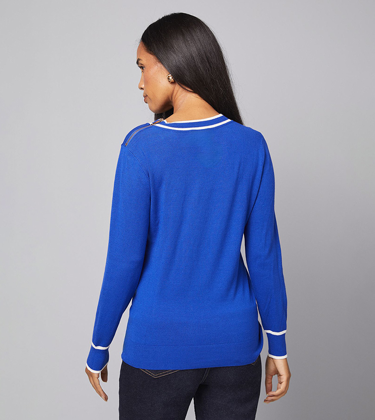 Back-Zip Crew Neck Knitted Sweater