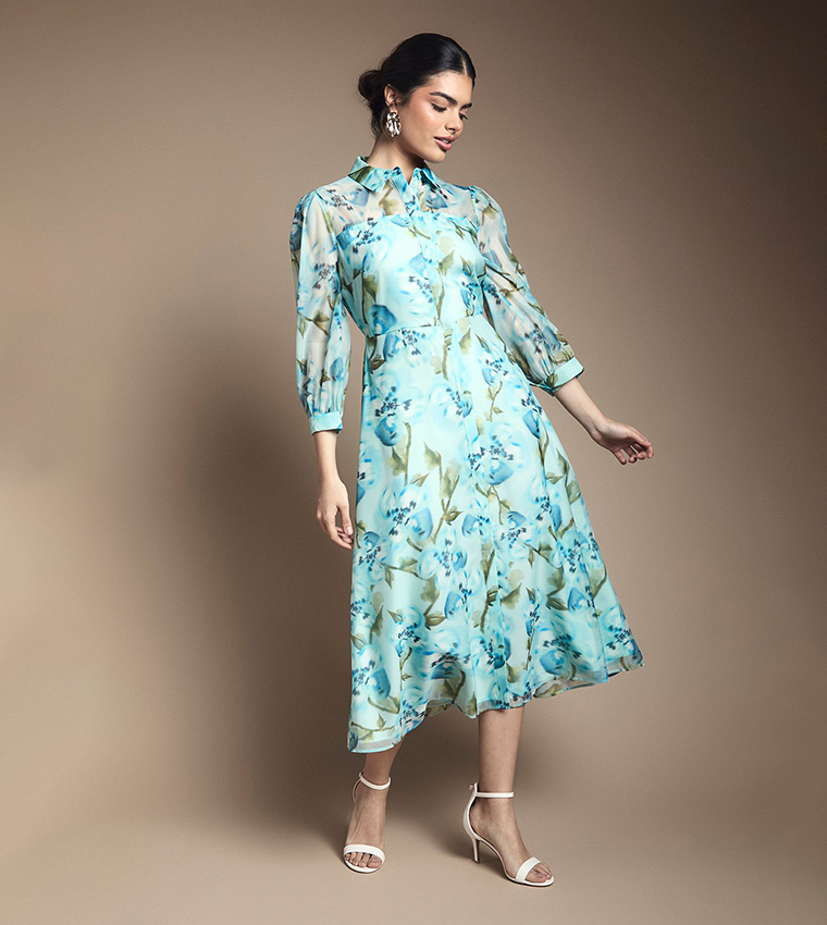 Floral Print Organza Button Midi Dress