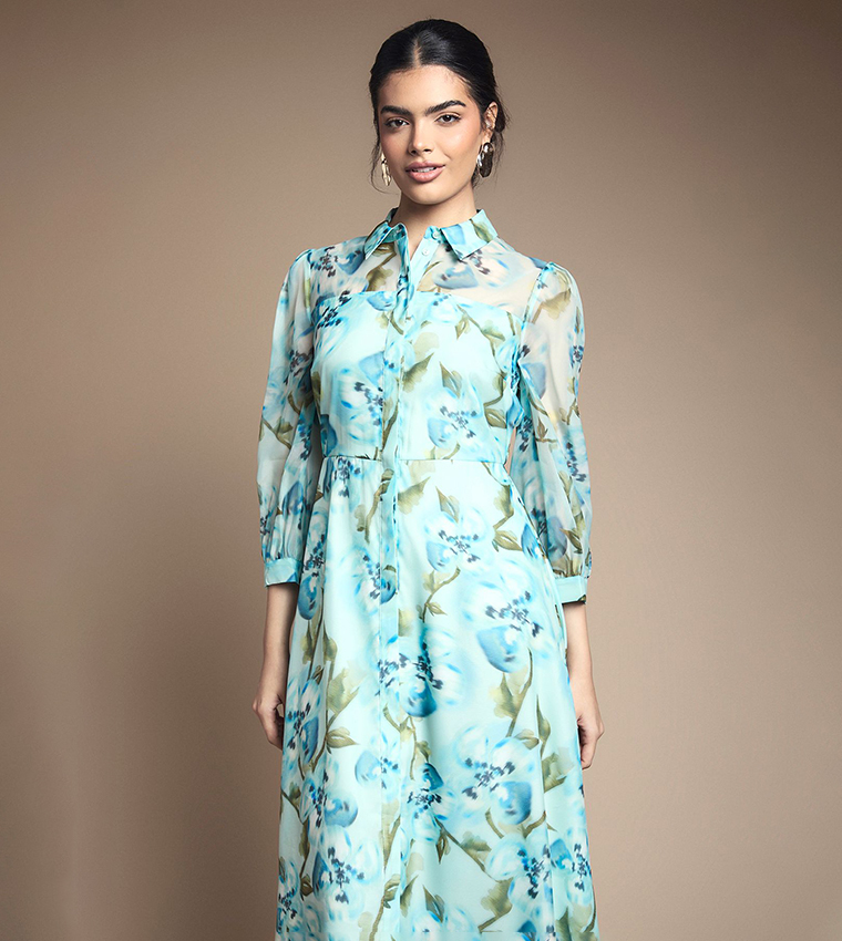 Floral Print Organza Button Midi Dress
