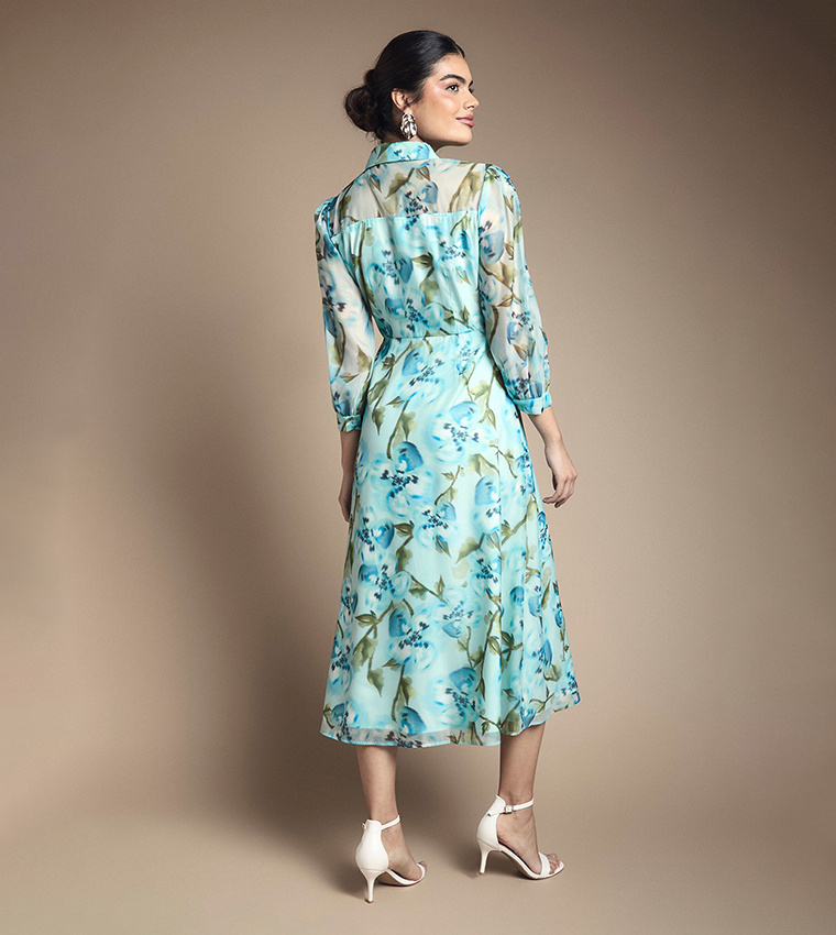 Floral Print Organza Button Midi Dress