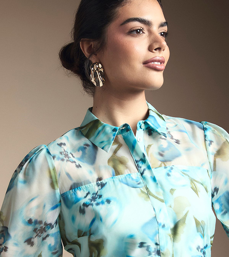 Floral Print Organza Button Midi Dress