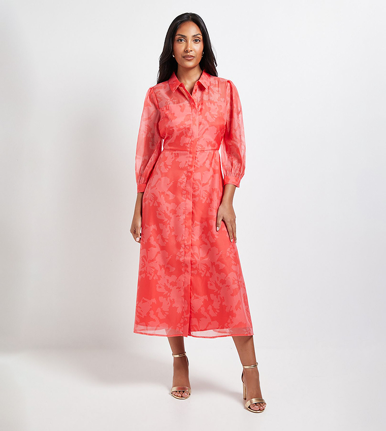 Petite Floral Organza Button Midi Dress