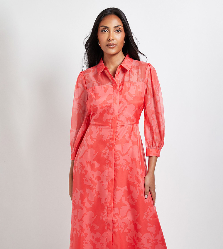 Petite Floral Organza Button Midi Dress