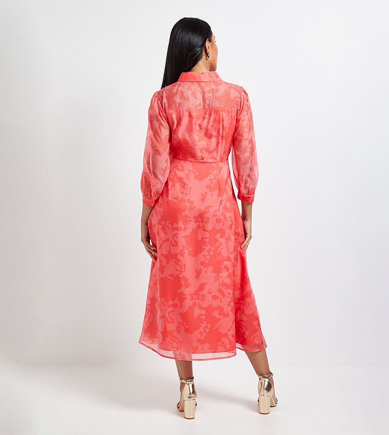 Petite Floral Organza Button Midi Dress