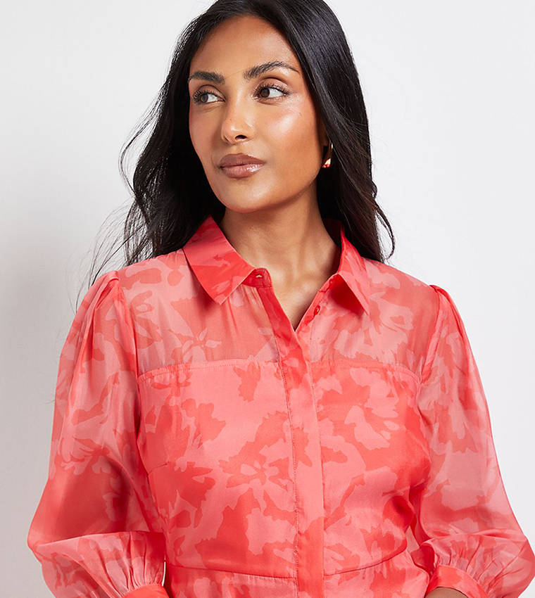 Petite Floral Organza Button Midi Dress