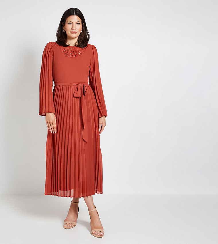 Pleated Floral Trim Midi Dress