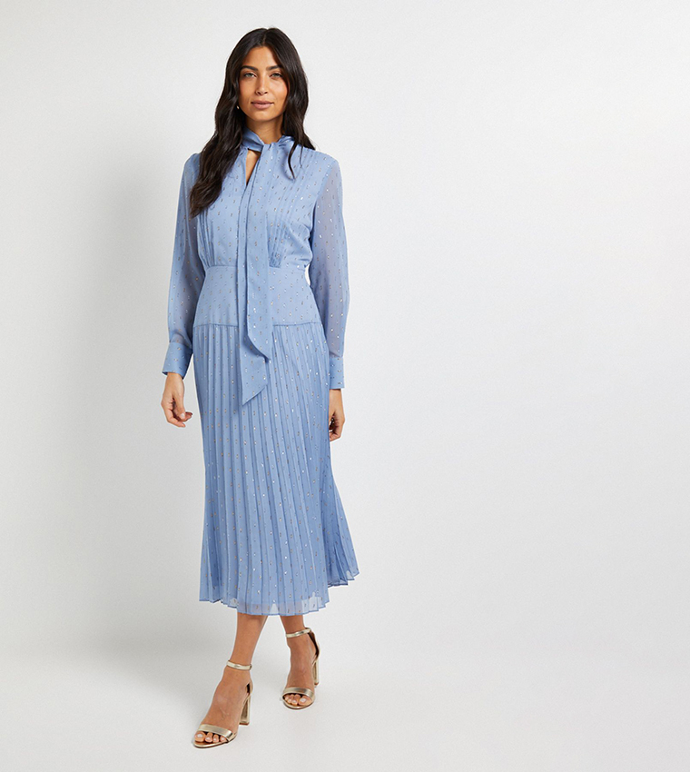 Clipped Tie Neck Pleated Shirt Dress