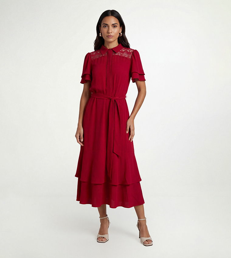 Buy Wallis Petite Lace Insert Ruffle Sleeves Midi Dress In Red | 6thstreet  Saudi Arabia