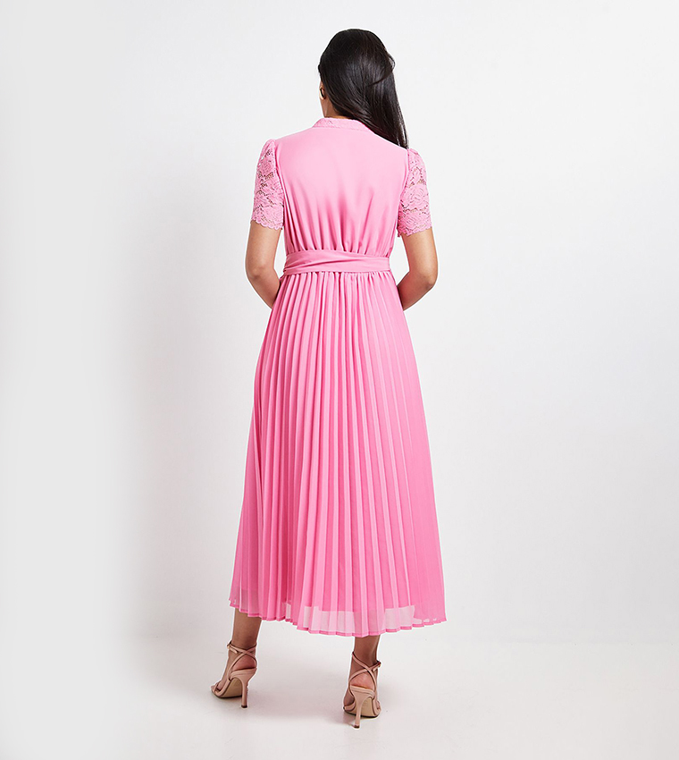 Petite Lace Collarless Pleated Midi Dress
