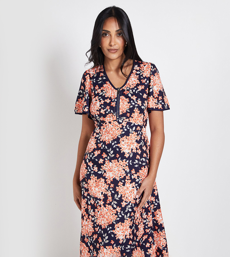 Petite Printed Flared Sleeves Midi Dress