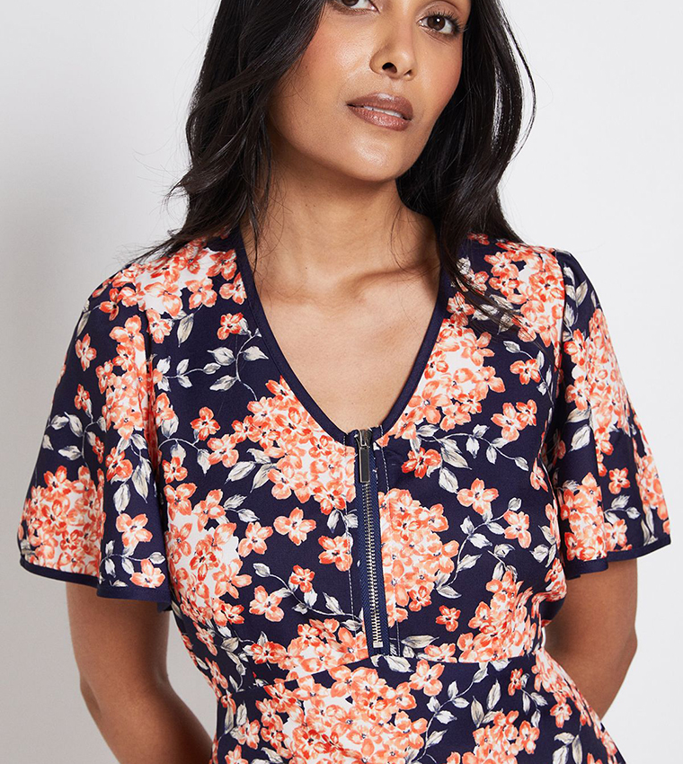 Petite Printed Flared Sleeves Midi Dress