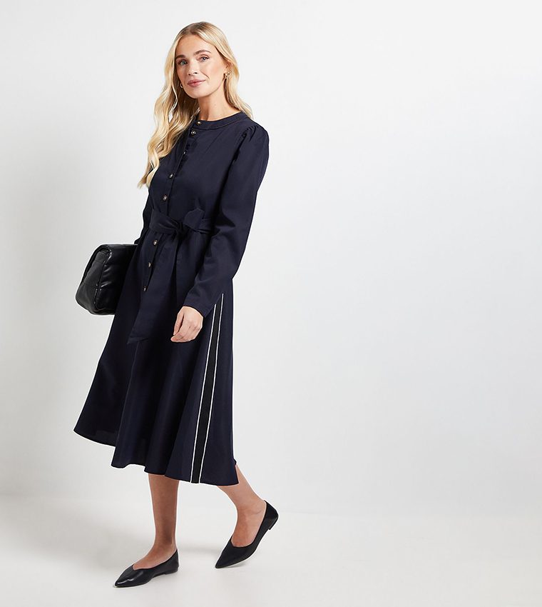 Petite Side Striped Tie Waist Midi Dress