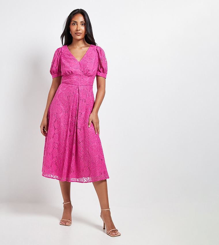 Petite Lace V-Neck Tea Midi Dress