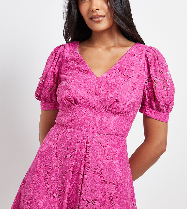 Petite Lace V-Neck Tea Midi Dress