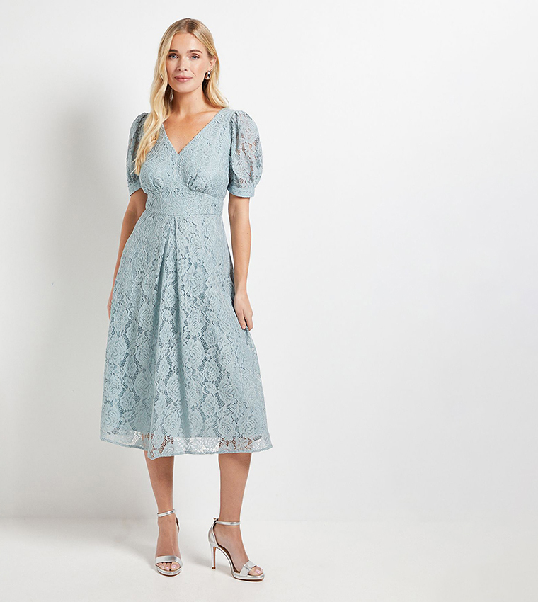 Petite Lace V-Neck Tea Midi Dress