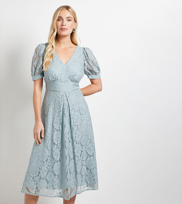 Petite Lace V-Neck Tea Midi Dress